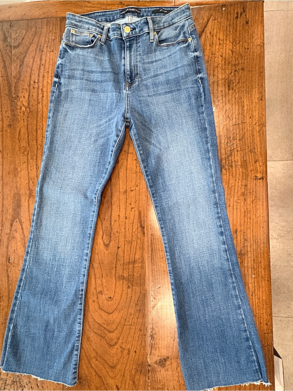 GUESS Sexy Flare High Rise Raw Hem Blue Jeans Size 28